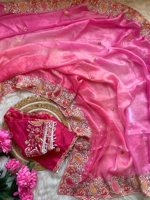 Rani Pink Color embroidery thread work Satin Saree 4