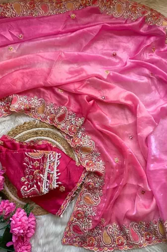 Rani Pink Color embroidery thread work Satin Saree