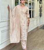 Floral embroidered silk blend v neck kurta trouser & dupatta set