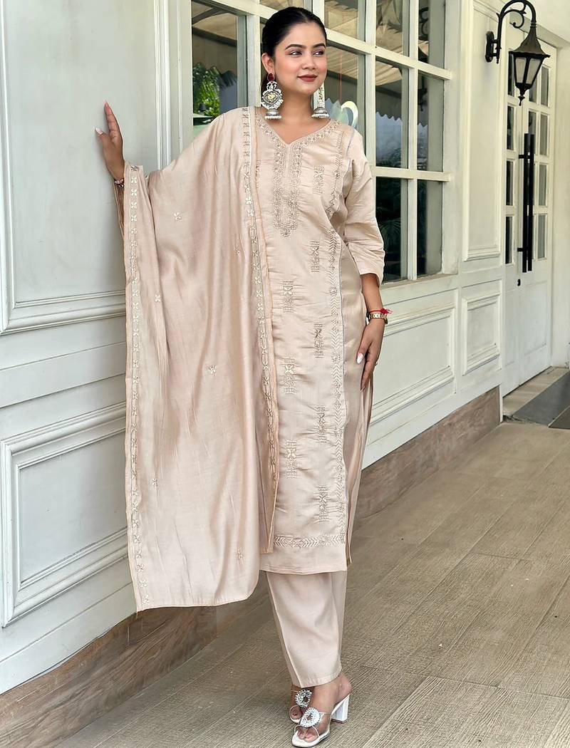 Floral embroidered silk blend v neck kurta trouser & dupatta set