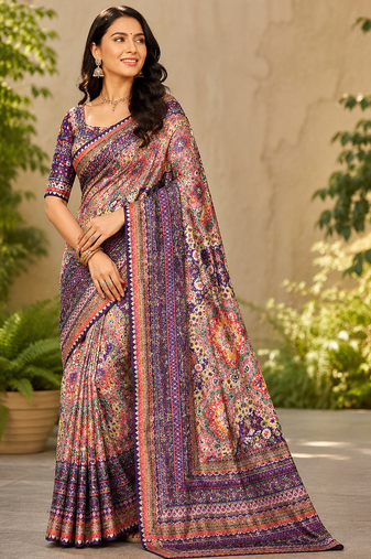 purple printed sequins with real mirror and diamond silk blend saree