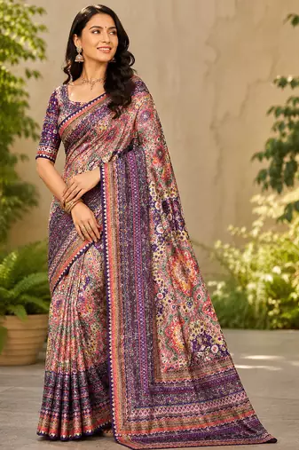 purple printed sequins with real mirror and diamond silk blend saree