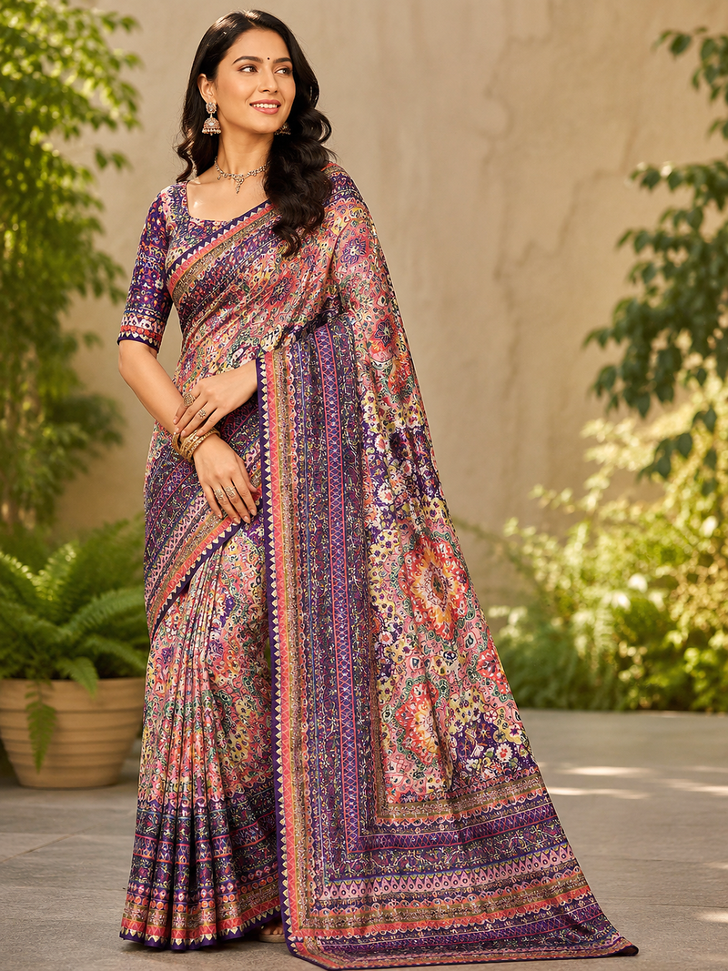 purple printed sequins with real mirror and diamond silk blend saree