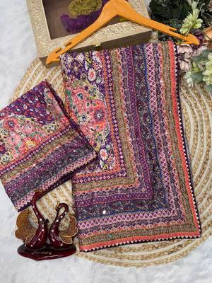 purple printed sequins with real mirror and diamond silk blend saree 2