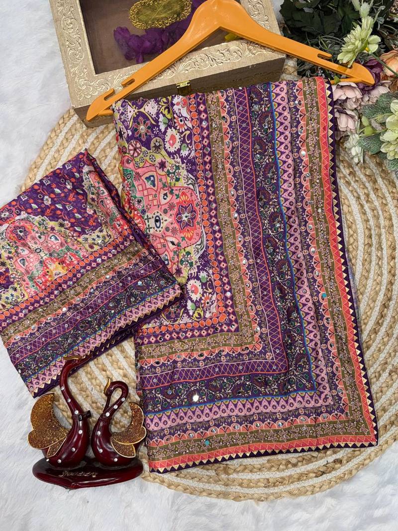 purple printed sequins with real mirror and diamond silk blend saree