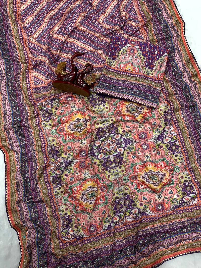 purple printed sequins with real mirror and diamond silk blend saree