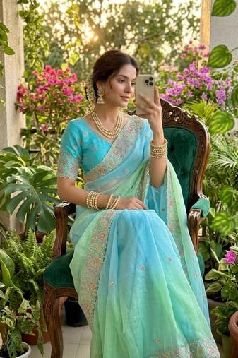Sky Blue Color embroidery thread work Satin Saree