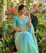 Sky Blue Color embroidery thread work Satin Saree