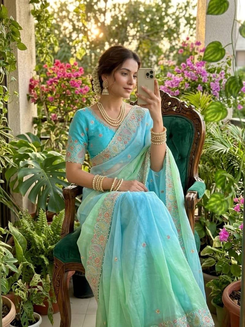 Sky Blue Color embroidery thread work Satin Saree