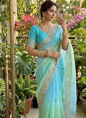 Sky Blue Color embroidery thread work Satin Saree 2
