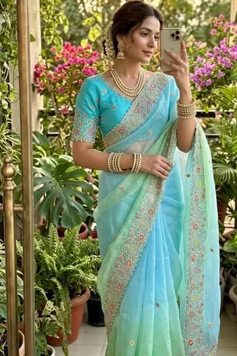 Sky Blue Color embroidery thread work Satin Saree