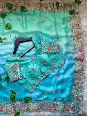 Sky Blue Color embroidery thread work Satin Saree 3