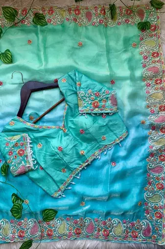 Sky Blue Color embroidery thread work Satin Saree