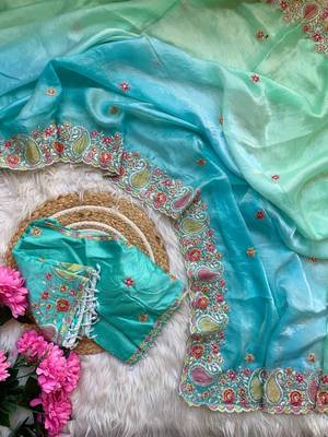 Sky Blue Color embroidery thread work Satin Saree 4