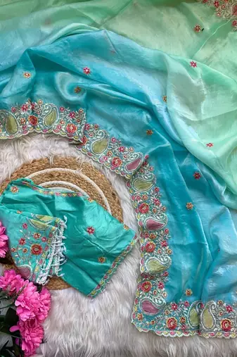 Sky Blue Color embroidery thread work Satin Saree