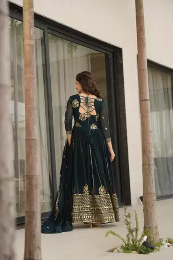 Teal Blue zari thread & sequins embroidered Anarkali with dupatta