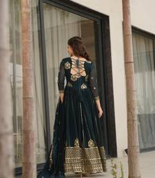 Teal Blue zari thread & sequins embroidered Anarkali with dupatta