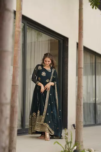 Teal Blue zari thread & sequins embroidered Anarkali with dupatta