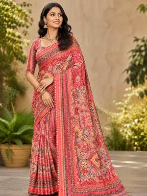 pink printed sequins with real mirror and diamond silk blend saree 1