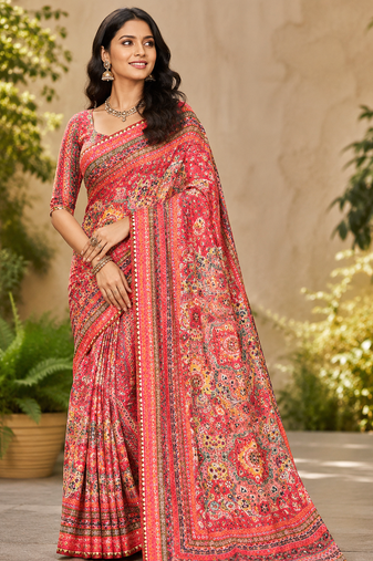 Pink Color Printed Sequins With Real Mirror And Diamond Work Silk Blend Saree