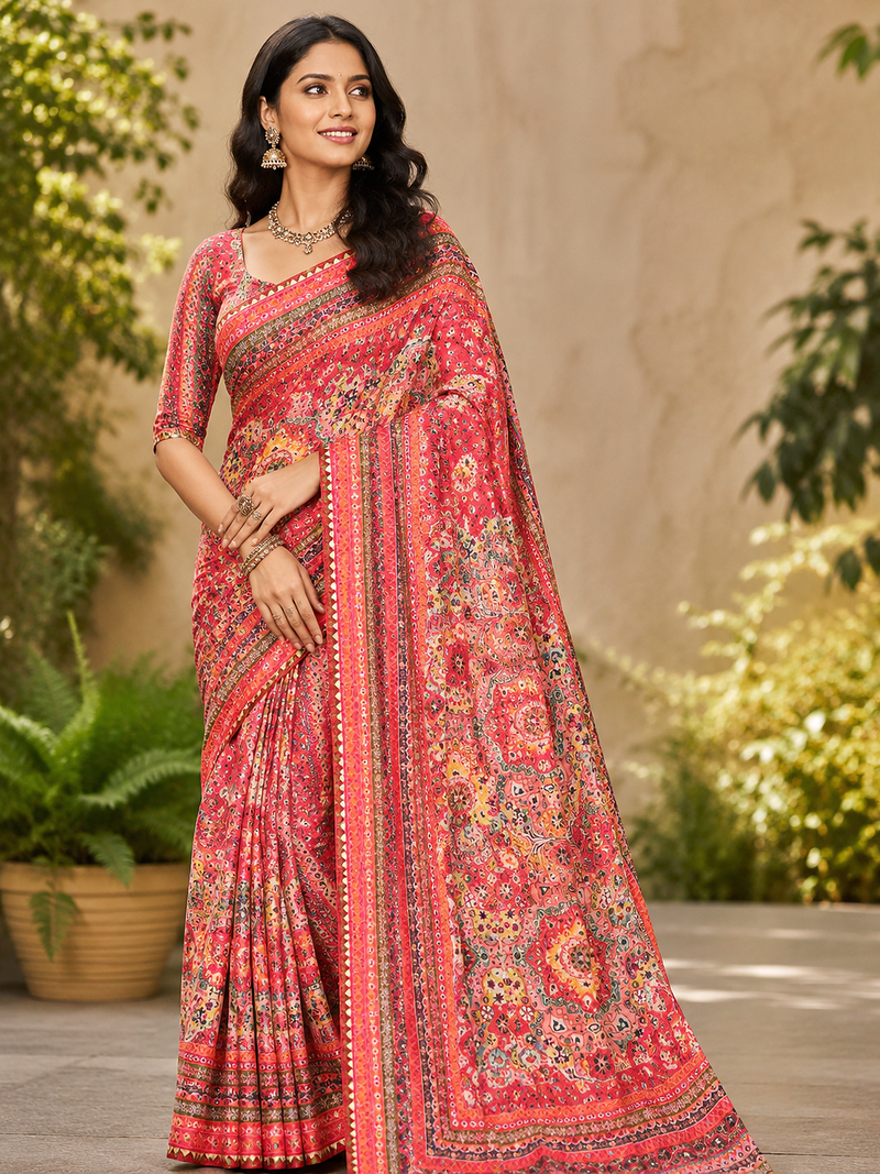 pink printed sequins with real mirror and diamond silk blend saree