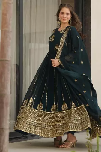 Teal Blue zari thread & sequins embroidered Anarkali with dupatta