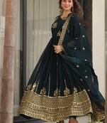 Teal Blue zari thread & sequins embroidered Anarkali with dupatta
