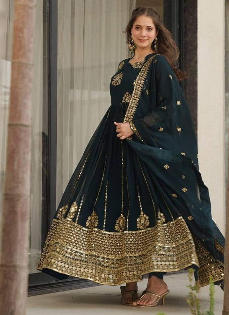 Teal Blue zari thread & sequins embroidered Anarkali with dupatta