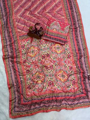 pink printed sequins with real mirror and diamond silk blend saree 4