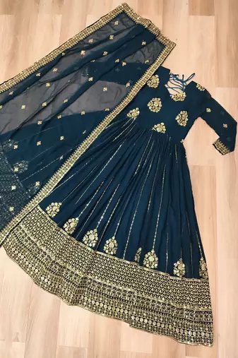 Teal Blue zari thread & sequins embroidered Anarkali with dupatta