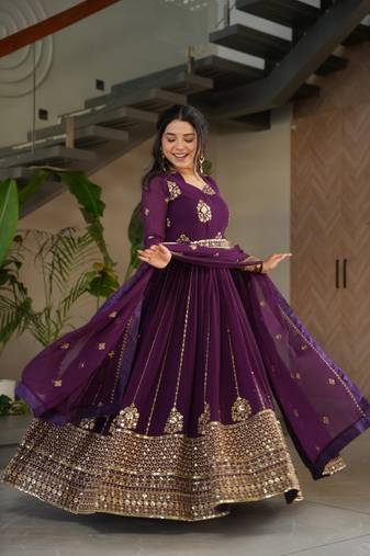 Purple zari thread & sequins embroidered Anarkali with dupatta