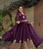 Purple zari thread & sequins embroidered Anarkali with dupatta
