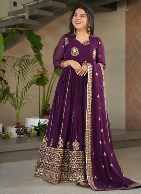 Purple zari thread & sequins embroidered Anarkali with dupatta 2
