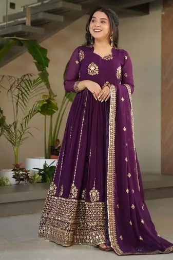 Purple zari thread & sequins embroidered Anarkali with dupatta