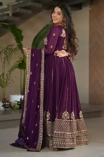 Purple zari thread & sequins embroidered Anarkali with dupatta