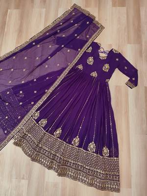 Purple zari thread & sequins embroidered Anarkali with dupatta 4