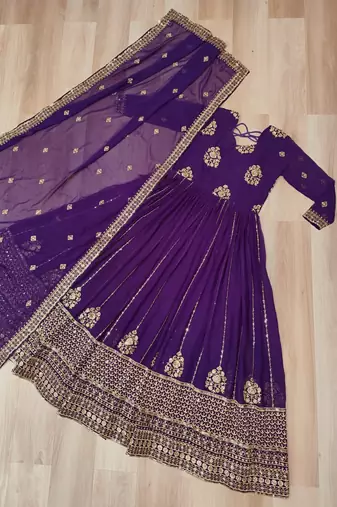 Purple zari thread & sequins embroidered Anarkali with dupatta