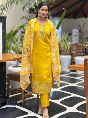 Floral embroidered silk blend round neck kurta trouser & dupatta set 1