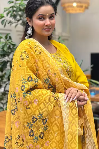 Floral embroidered silk blend round neck kurta trouser & dupatta set