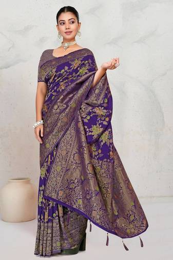 Royal Purple Satin silk blend Saree with Copper Zari Meena Weaving Work 