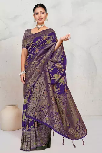Royal Purple Satin silk blend Saree with Copper Zari Meena Weaving Work 