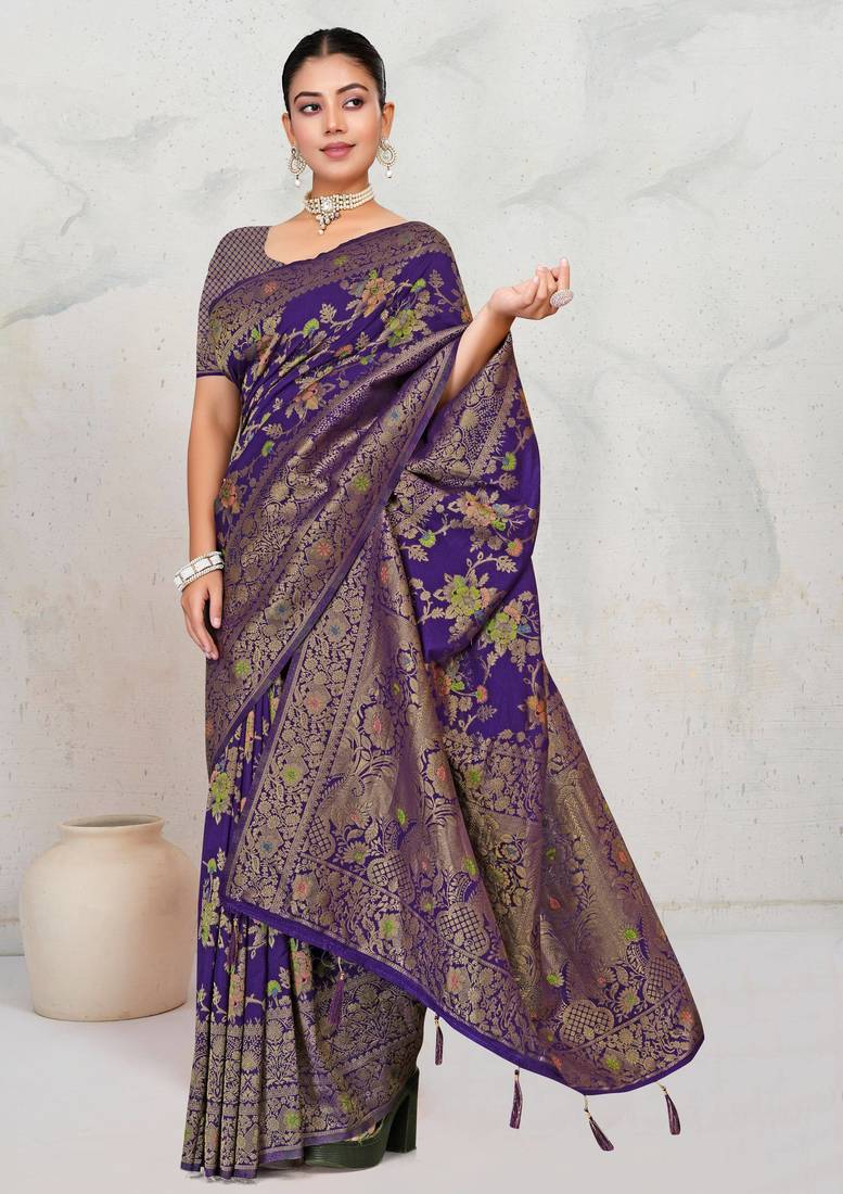 Royal Purple Satin silk blend Saree with Copper Zari Meena Weaving Work 