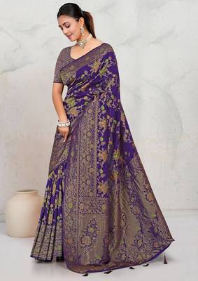 Royal Purple Satin silk blend Saree with Copper Zari Meena Weaving Work  2