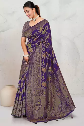 Royal Purple Satin silk blend Saree with Copper Zari Meena Weaving Work 