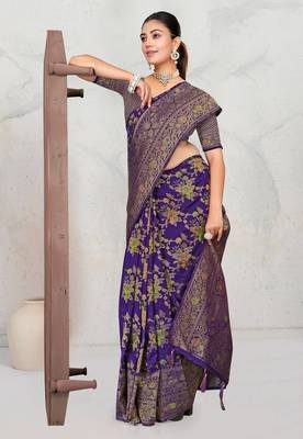 Royal Purple Satin silk blend Saree with Copper Zari Meena Weaving Work  3