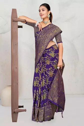 Royal Purple Satin silk blend Saree with Copper Zari Meena Weaving Work 