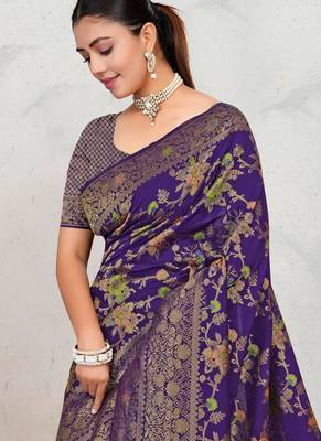 Royal Purple Satin silk blend Saree with Copper Zari Meena Weaving Work  4