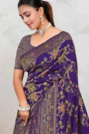 Royal Purple Satin silk blend Saree with Copper Zari Meena Weaving Work 