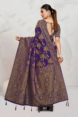 Royal Purple Satin silk blend Saree with Copper Zari Meena Weaving Work  5
