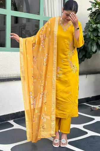 Floral embroidered silk blend v neck kurta trouser & dupatta set